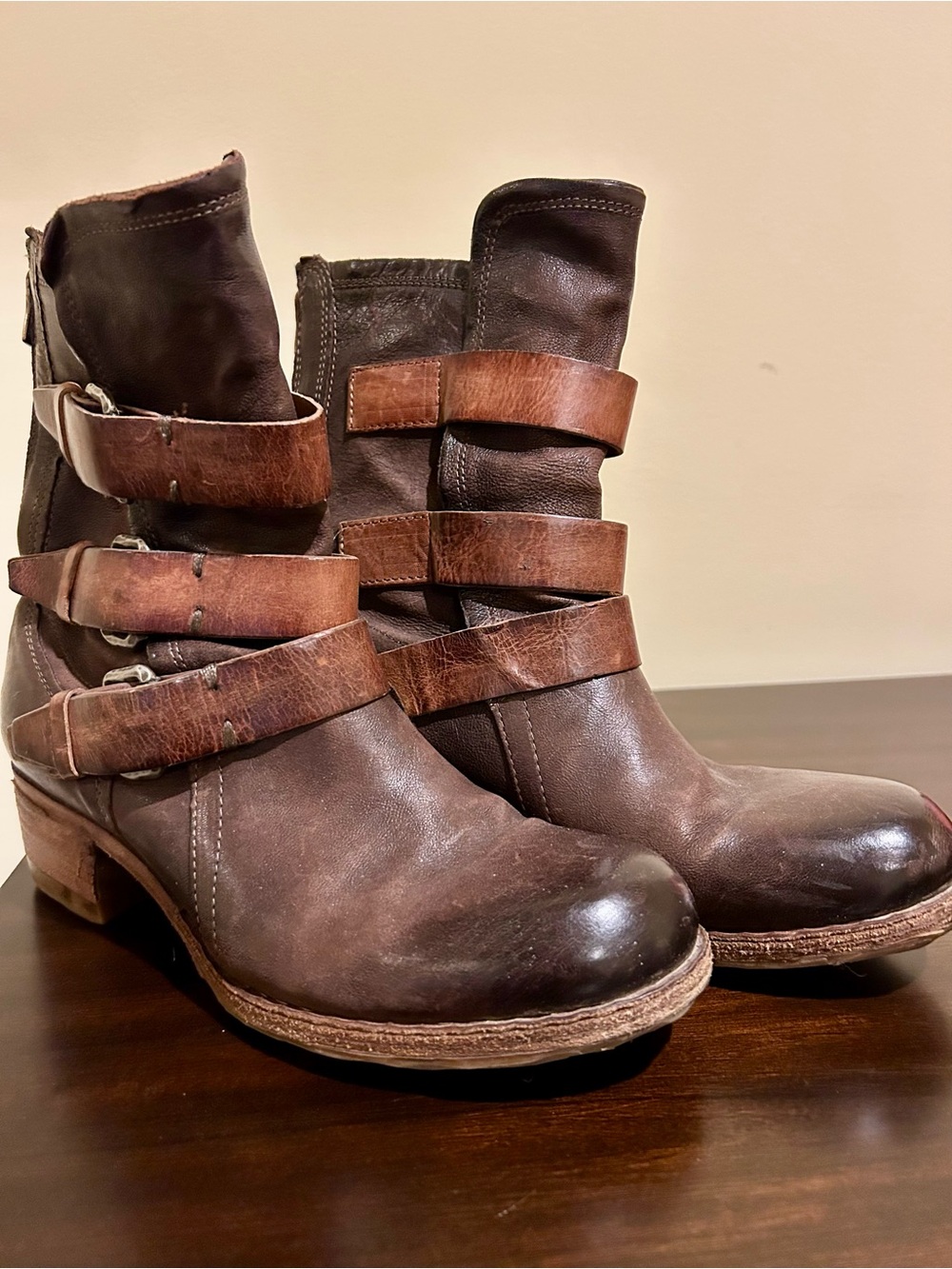 A.S.98 Two-Tone Brown Leather Strap Buckle Ankle Boots